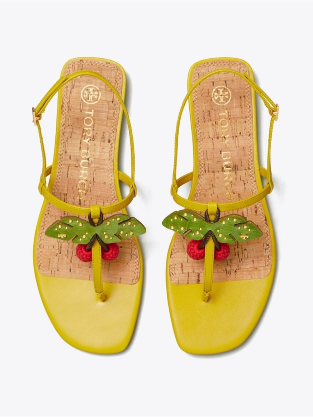 Tory Burch Yellow Leather Cherry Toe-Ring Sandals with Green Leaf Appliqué